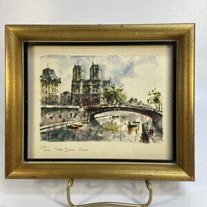 Vintage Watercolor Art Print Signed Paris France Notre Dame 7 x 8.5 in Frame